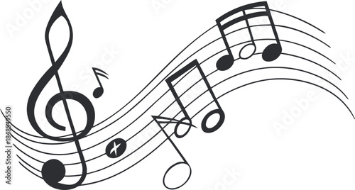 Music Theory and Sound Concept: Wavy Staff with Musical Notes and Treble Clef