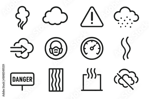 Smoke Safety Icons. Smoke Safety Icons linear set: plume symbol, murky-air cloud, caution sign, particulate mist, fresh-air vent arrow, mask-needed badge, quality gauge, smoke