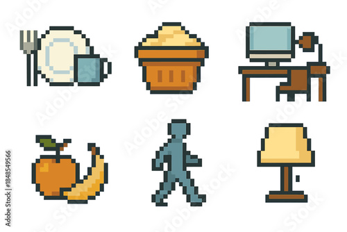 Everyday Icons Set. Ordinary activities pixel style set: dishware set, laundry basket, work desk, snack fruit, stroll icon, quiet lamp.