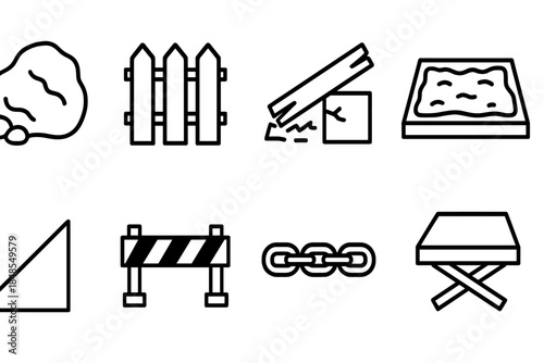 Physical Barrier Icons. Physical Barrier Elements linear set: boulder, fence panel, collapsed beam, sand pit, sharp incline, blocked path, heavy chain, unstable platform.