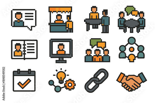 Networking Icons Collection. Workplace Networking Practices set of icons in flat pixel vector style: quick intro card, conference booth, roundtable discussion, business notebook,