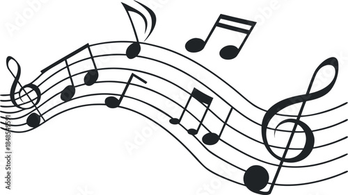 Wavy Musical Staff with Floating Notes and Treble Clef Illustration