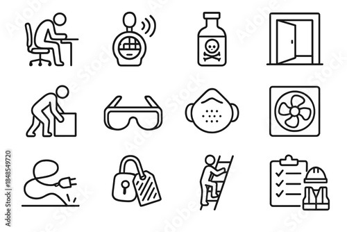 Workplace Safety Icons. Workplace Risk Factors linear set: ergonomic chair posture, noise level meter, chemical bottle, confined space doorway, lifting weight icon, eye protection