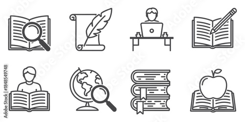 Education and Learning Icons in Outline Style on White Background knowledge study