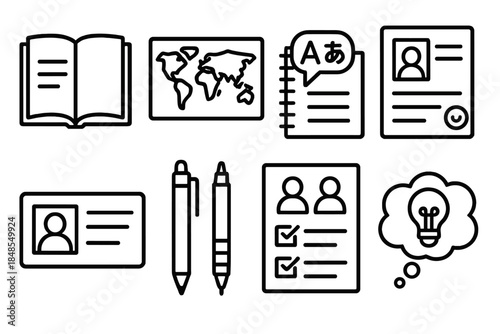 Educational Icons Collection. Educational exchange materials set linear set: study booklet, world map, language notebook, cultural worksheet, student ID card, pen set, shared