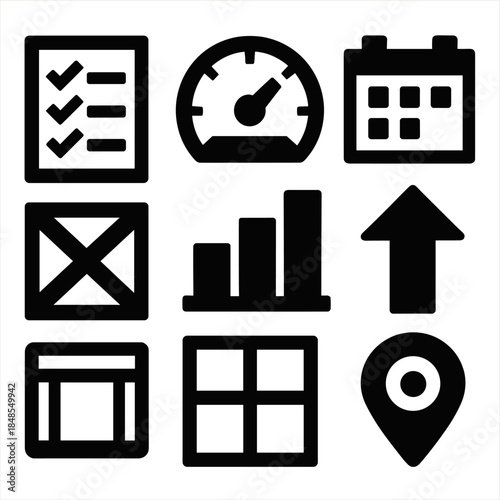 Bold Vector Icon Set. Resource Allocation Suite silhouette set: task list, capacity gauge, planning calendar, priority arrow, supply crate, workload chart, distribution grid,