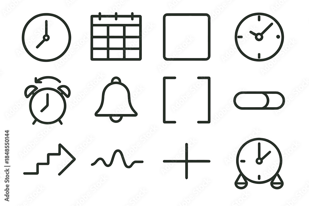 custom made wallpaper toronto digitalTime Management Icons. Time Awareness Basics linear set: clock face, shifting schedule grid, time-block box, priority hour marker, flexible alarm icon, gentle reminder bell, focus