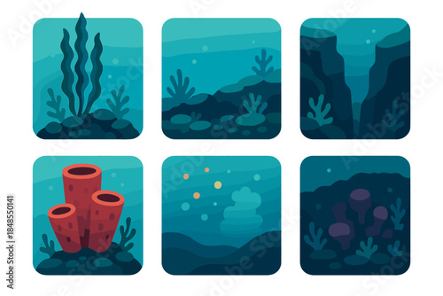 Minimalist Seascape Icons. Submerged Seascape Features flat set: kelp forest pillar, rocky seafloor, hidden trench rim, sponge tower, drifting particulate cloud, low-light reef.