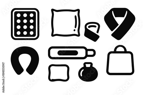 Heat Therapy Icons. Heat therapy items silhouette set: reusable gel pad, rice-filled pack, warm compress cloth, neck wrap, heat band, warming disc, soft cover, carry bag.