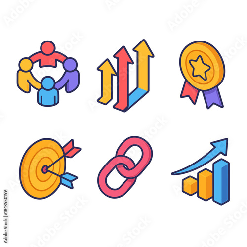 Isometric Industry Icons. Industry Relationship Building isometric flat set: community ring, aligned arrows, expertise badge, collaboration link, shared goal icon, growth chart.