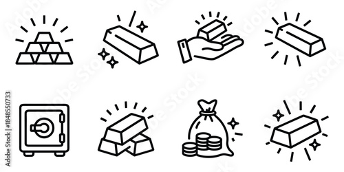 Gold bar icons including stacked bars single bars hand holding bar safe bag of coins gold bars