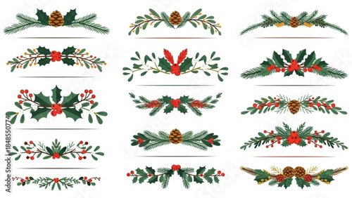Collection of Christmas decorative borders festive holiday elements with pine cones and holly berries ideal for greeting cards and winter de