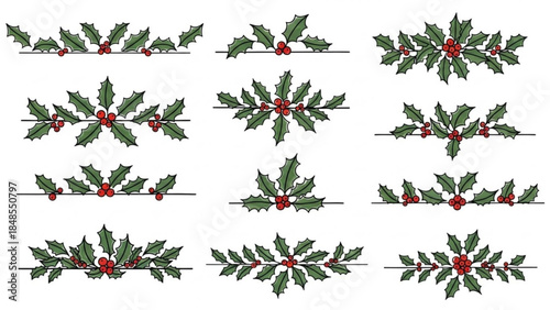Collection of festive holly leaf and berry borders traditional Christmas decorative elements for holiday design isolated on white background
