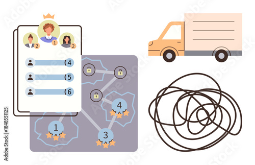 Task leaderboard with ranks, route map with checkpoints and locked paths, delivery truck, chaotic lines illustrating confusion. Ideal for productivity, logistics, prioritization, efficiency