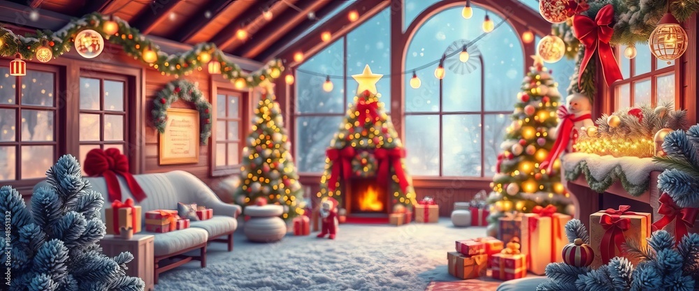 Fototapeta premium Festive digital illustration with cozy winter elements, twinkling lights, and holiday decorations, evoking warmth and joy, happy, advent