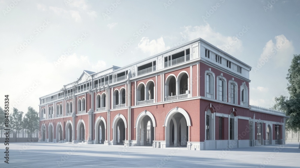 Fototapeta premium Architectural Rendering: Grand Red Brick Building Design
