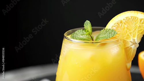 Tall Glass of Orange Juice with Ice Cubes Mint and Orange Slice on Black Background