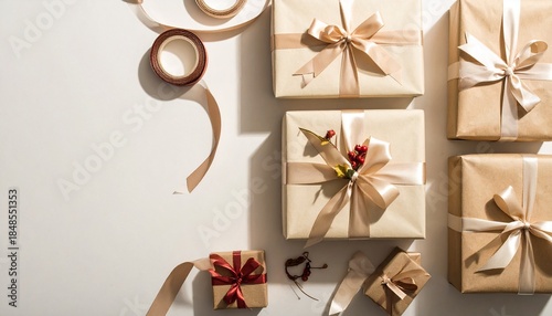 Festive gift wrapping with ribbons and tape, creating a beautiful presentation for special occasions