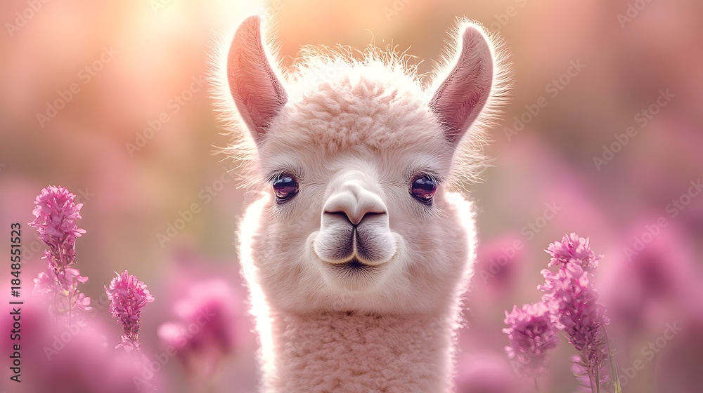Naklejka premium Llama stands among pink flowers with sunlight shining on its face in a garden during daytime