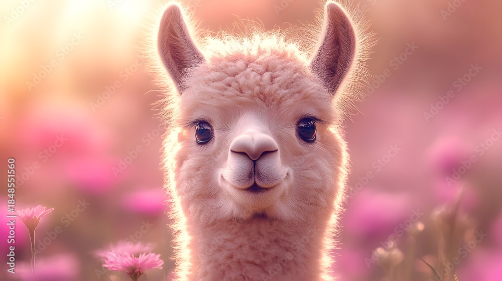 Naklejka premium Llama stands in flowers and looks at the camera during golden hour in a field
