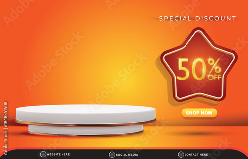 elegant special discount template banner with blank space 3d podium for product sale with abstract gradient orange and yellow background design