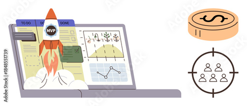 Rocket launching from a laptop with data charts, graphs, and task boards, accompanied by a dollar coin and target audience icon. Ideal for business growth, startup success, innovation, financial