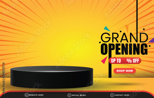 grand opening discount for social media post banner with copy space 3d podium for product sale with abstract gradient orange and yellow background design