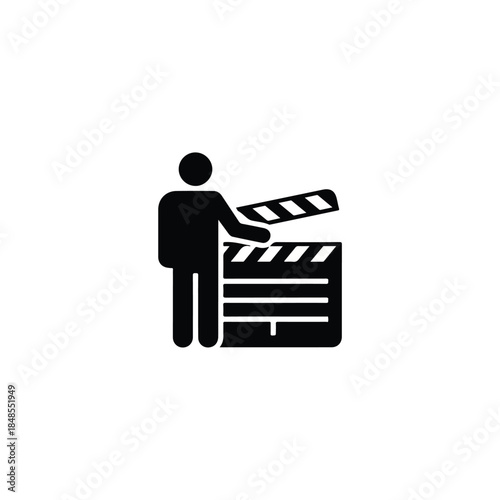 Dynamic icon representing a filmmaker initiating a scene with a classic clapperboard, perfect for media production concepts