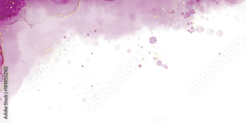 Abstract purple watercolor background with gold glitter accents and ample copy space