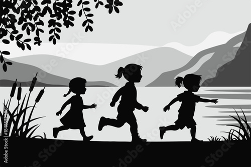 children trio running along lakeshore with pine trees