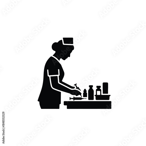 Nurse preparing medication with syringe and vials, a dedicated healthcare professional at work, medical procedure concept