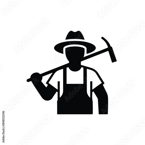 Simple black silhouette vector icon depicting a farmer with a hat and an agricultural tool, representing farm work, rural labor, and food production concepts