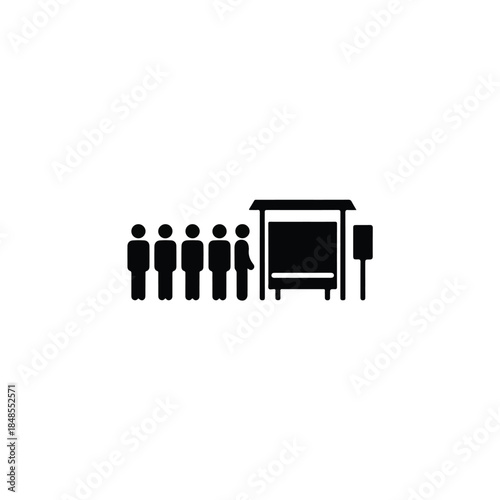 Simple graphic depicting a queue of people patiently waiting at a bus stop, symbolizing public transport and urban commuting