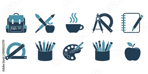 School and Art Supplies Icons Featuring Backpack, Pencils, and Palette education