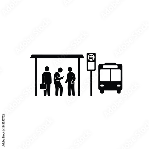 People waiting at a bus stop with a bus arriving at the station