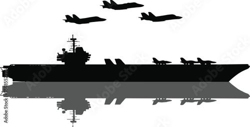 carrier and fighter jets formation over sea with mirrored reflection