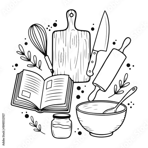 A black and white kitchen illustration featuring kitchen utensils, a cookbook, and a bowl in a clean line style. Kitchen tools, a kitchen set, baking accessories, a recipe book, line art