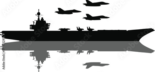 carrier deck scene with jets flying above and mirrored reflection