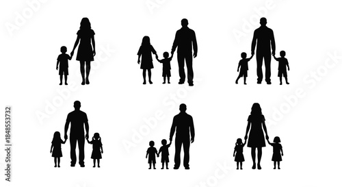 Silhouettes of families with parents and children holding hands together