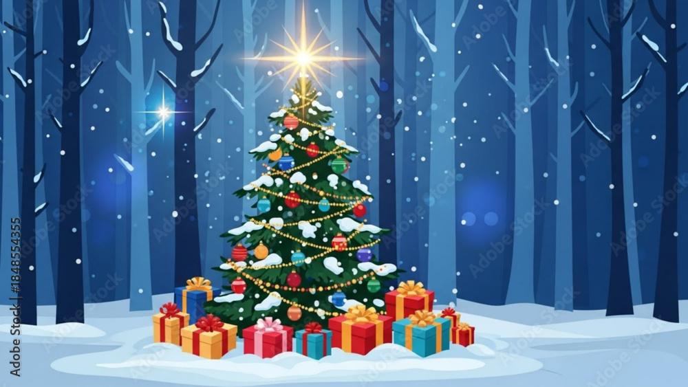 Obraz premium Decorated Christmas tree with gifts in snowy forest festive holiday illustration for winter season greeting cards and New Year celebration