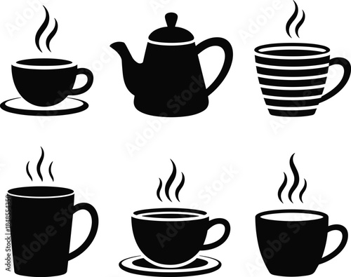 Black and white coffee and tea set with steam