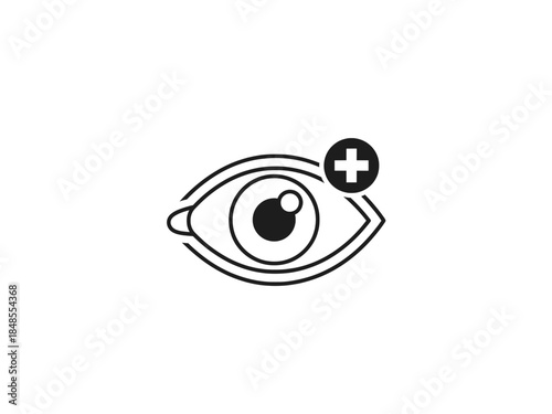 Minimal line icon of an eye with a plus symbol, representing zoom-in, vision enhancement, or “add view” feature in a UI