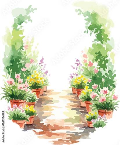 Whimsical watercolor illustration of a garden pathway framed by lush greenery and potted flowers in soft pastels. , Generative Ai