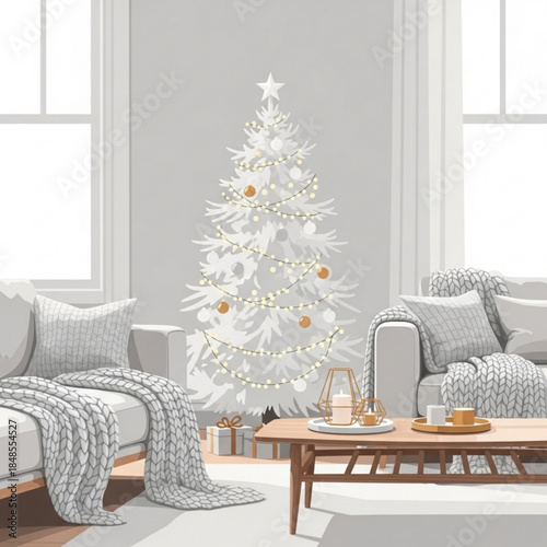 Elegant white Christmas tree with warm lights and ornaments cozy living room interior festive holiday decoration for winter season