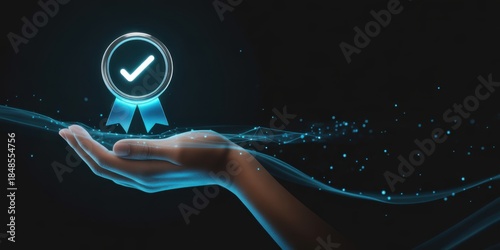 Embracing Assurance: A virtual hand cradles a badge, the image symbolizing assurance. the assurance offers a sense of confidence and trust in quality.