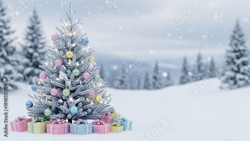 Snowy christmas scene featuring decorated tree with pastel ornaments and glowing lights, accompanied by pastel wrapped gift boxes in a serene winter landscape