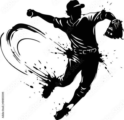 Baseball Infielder Throwing Ball Ink Brush Silhouette. Sport Vector Art