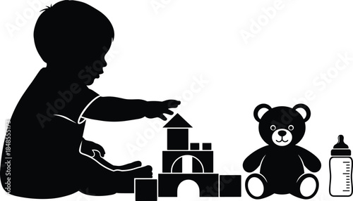 Baby playing silhouette with toy blocks, teddy bear and feeding bottle, childhood development illustration isolated vector design for parenting concepts