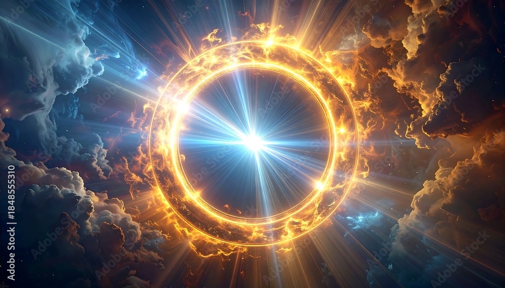 Obraz premium Glowing portal with radiant light bursts amidst swirling clouds