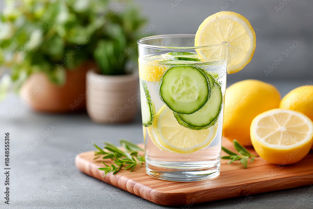 Fototapeta premium Refreshing cucumber lemon drink served in a glass on a wooden board Generative AI